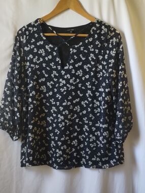 Papermoon Black & Cream Floral Crisscross Keyhole Blouse.